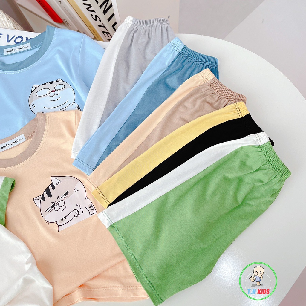 Bộ cộc tay, bộ quần áo cho bé trai, bé gái MINKY MOM in Mèo Ngố kute in pet không bong tróc