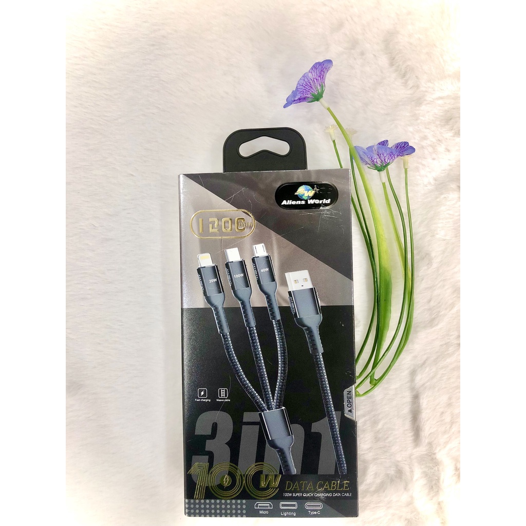 Cáp sạc nhanh 3 in1 100W, Cáp 3in1 USB+ Type C dùng cho điện thoại, laptop, máy tính xách tay ....