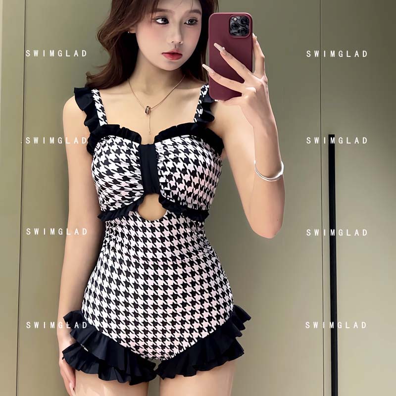 Bikini đi biển 2 dây 1 mảnh liền thân LUHAZO nơ ngực caro ziczac nhún bèo chiết eo tôn dáng che khuyết điểm 6851 B-11.1