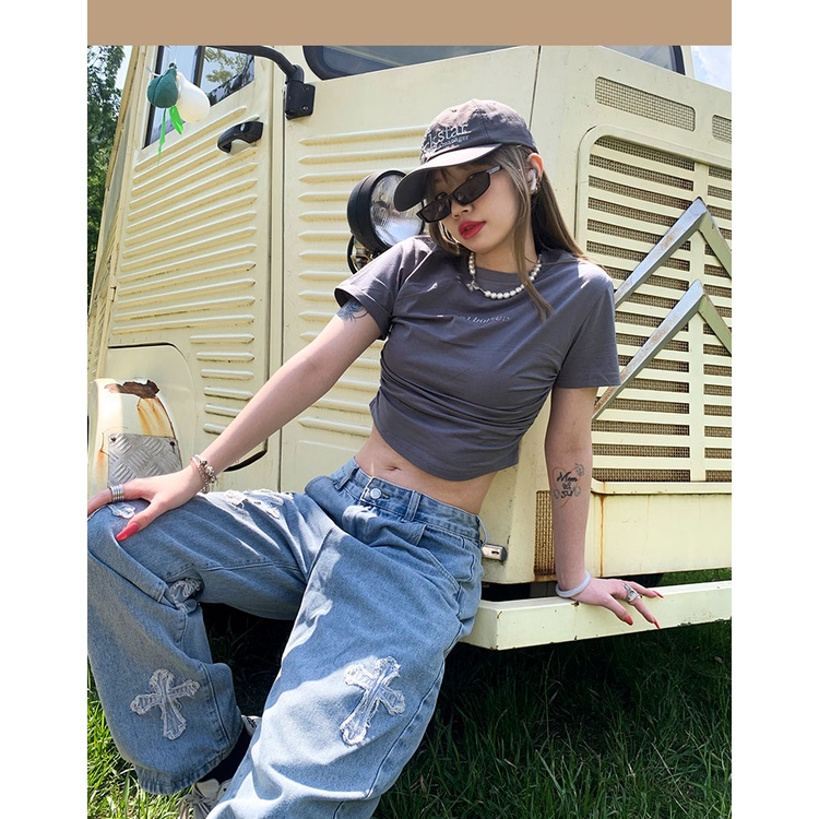 QADCOL Áo Croptop Tay Ngắn Hở Vai Xếp Ly Màu Đen Thời Trang Quyến Rũ Cho Nữ