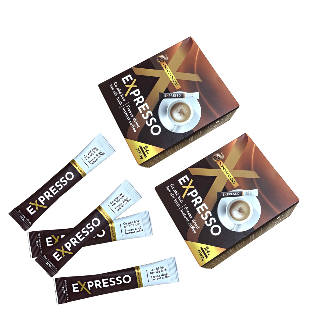 Cà Phê Hòa Tan Sấy Lạnh Expresso Premium Blend TRAN-Q COFFEE 24 gói/ hộp, Cà phê thăng hoa, nguyên chất đậm vị,