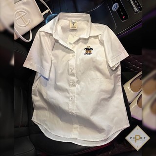 Áo sơ mi trắng ngắn tay unisex nam nữ in logo gấu usa califonia