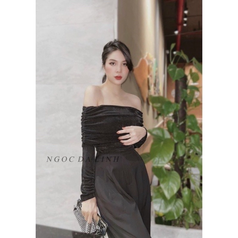 Áo Trễ Vai Chất Nhúng Mềm Nhún Eo Dài Tay Ngắn Tay Trắng Đen Kèm Video Thật