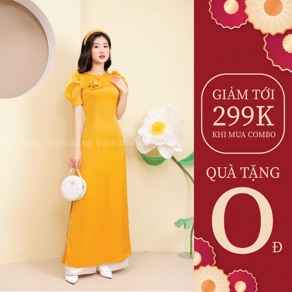 Áo dài giáo viên chất lụa tây thi vàng đính cúc cổ kết hoa ngực cách điệu By Quỳnh Hương