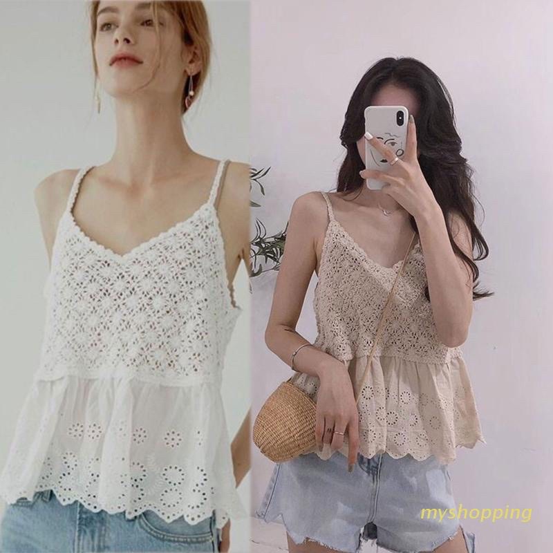 Áo 2s 2 dây len móc phối vải boy dập hoa dáng babydoll thời trang mùa hè