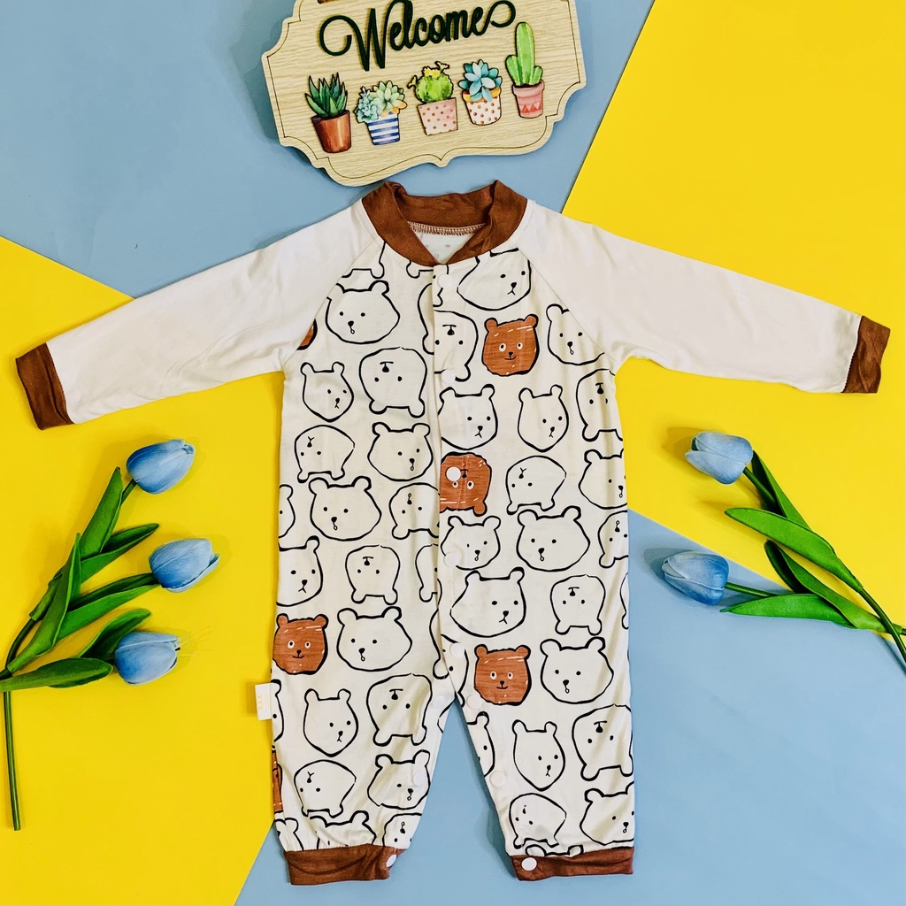 (VNXK)-Bodysuit Cao Cấp Dài Tay Đính Gấu đáng yêu, Bộ đồ liền thân chất thun cao cấp, Cotton 100% Xịn Mịn