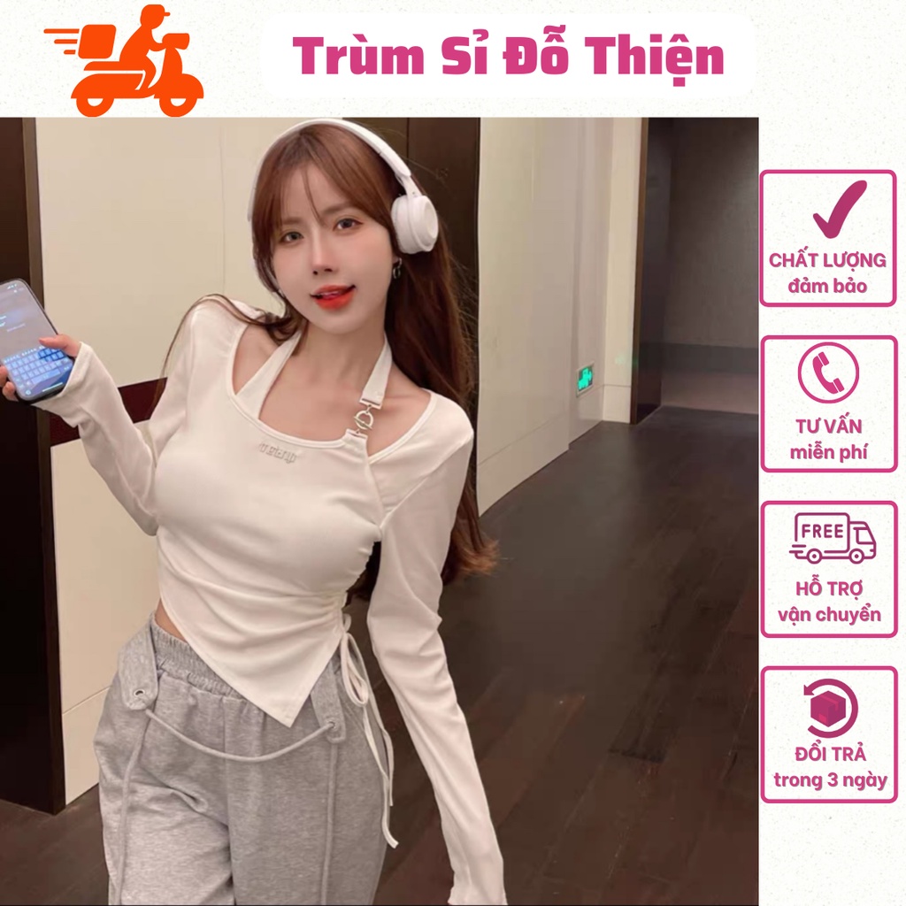 Áo thun tay dài vạt chéo rút eo cổ yếm-phối xích tag chữ-2 màu đen trắng gợi cảm phong cách ulzzang