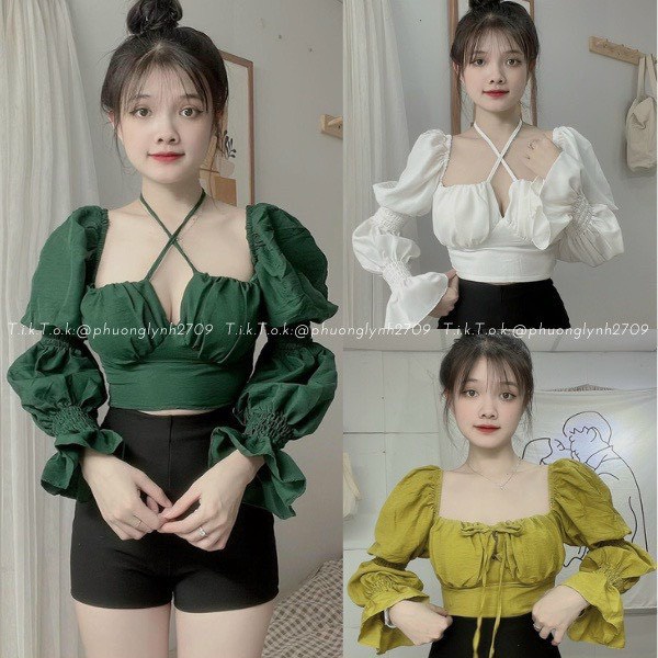 Aó Croptop trễ vai tay tay bồng dáng dài kiểu cổ vuông bo chun dây cột mặc được 2 kiểu SIÊU XINH SL389
