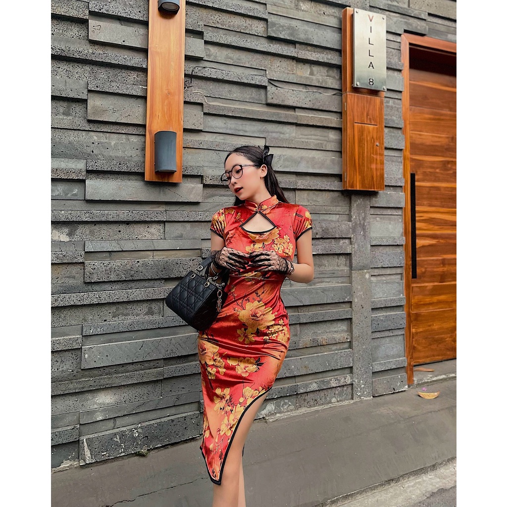 Đầm Sườn Xám Cách Tân In Họa Tiết Rồng Trung Hoa Thời Trang Cho Nữ, hàng thiết kế.