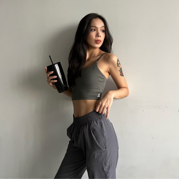Bộ đồ tập gym Fitme áo bra thể thao nữ Lota màu Xanh rêu, quần jogger microfiber màu Đen