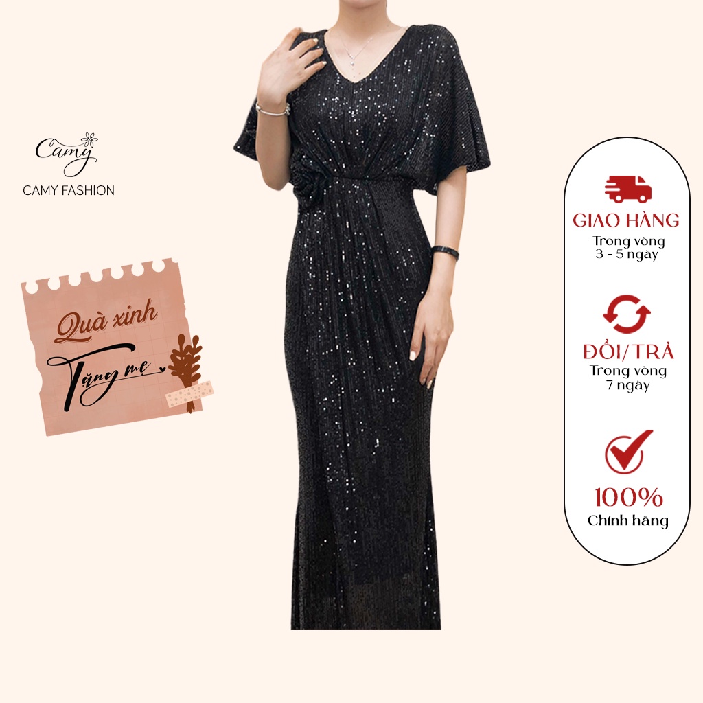 Đầm Dạ Hội Trung Niên Dự Tiệc Sang Trọng,CAMY Nhiều Size Vải Kim Sa Cao Cấp Cho Mẹ Co Gĩan Màu Đen 0223-T056