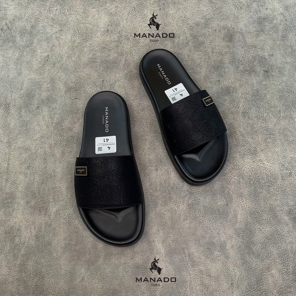 Dép da nam quai ngang cao cấp Manado Mã MND13 màu đen fullbox, quai da mềm mại, đế cao su mềm nhẹ
