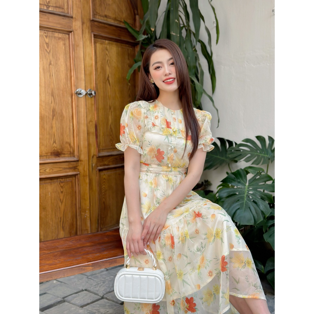 Váy hoa cổ tròn phối viền bèo dáng xòe tự nhiên YV154 YAME