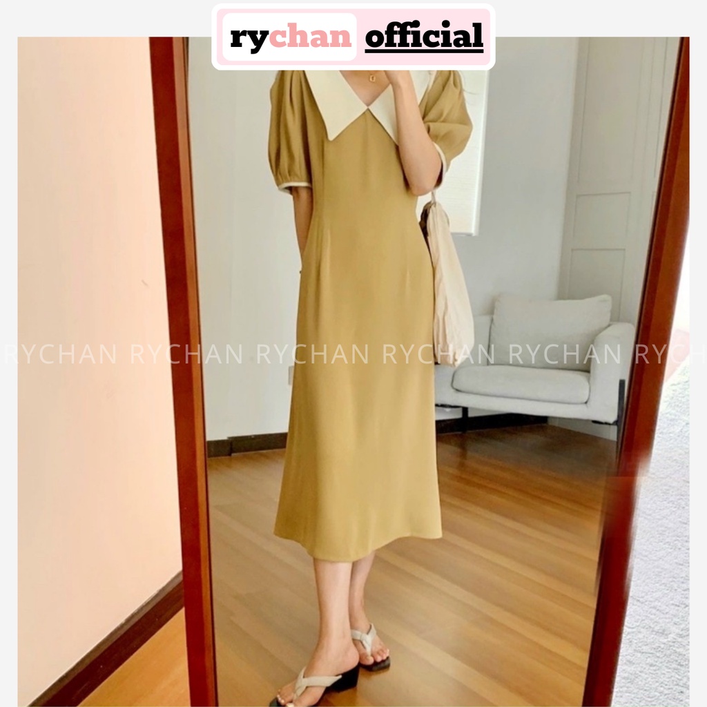 [ẢNH THẬT CUỐI] Đầm Váy Nữ Tay Ngắn Cổ Lá Phối Trắng Thanh Lịch, Đầm Nữ Dạo Phố Form Dài Basic Xòe Màu Kem - DX360