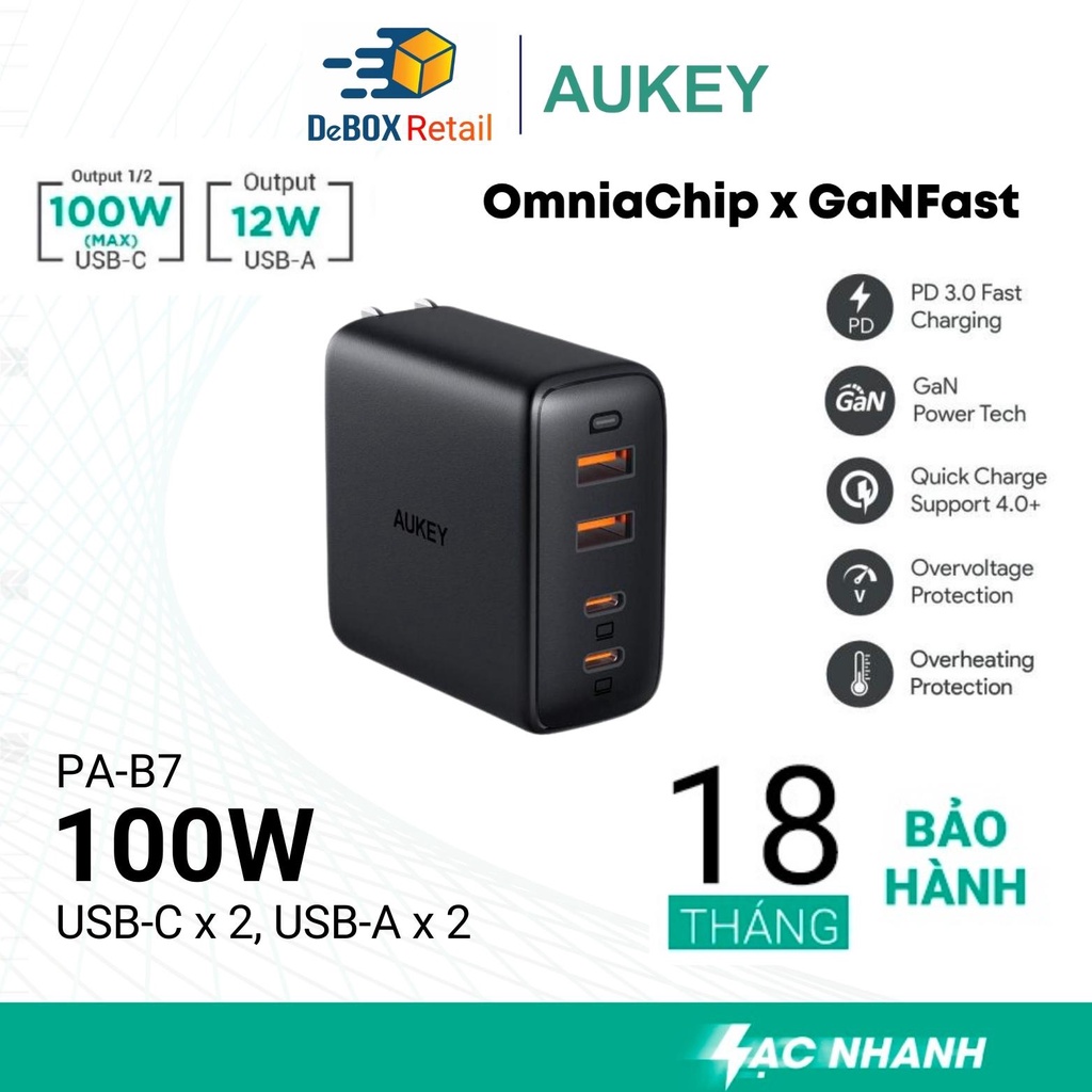 Củ sạc siêu nhanh AUKEY PA-B7 Omnia Mix 4 GaN 100W 2C-2A PD/PPS cho laptop, thiết bị di động - Hàng chính hãng