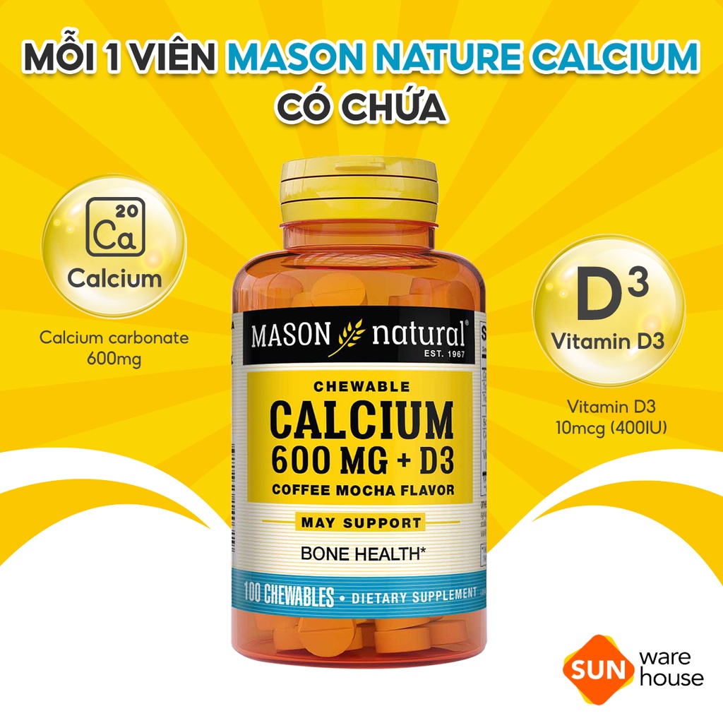 Viên Uống Bổ Sung Canxi và Vitamin D3 Hỗ Trợ Xương Chắc Khỏe, Tăng Chiều Cao Mason Nature Calcium 600MG + D3 Hộp 100v