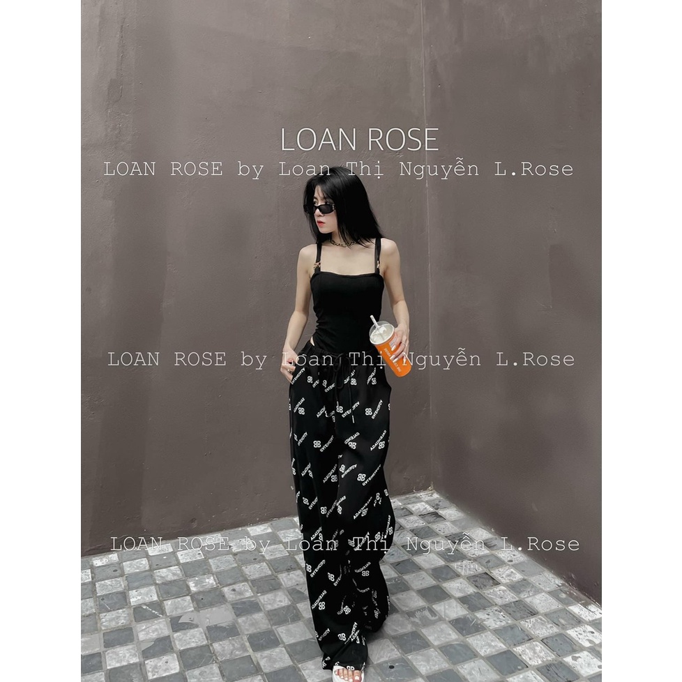 [4.4 Sales Freeship] Set bộ áo đen 2 dây cổ vuông phối quần dài ống rộng in chữ hoạ tiết đi chơi, dạo phố siêu chất mtb