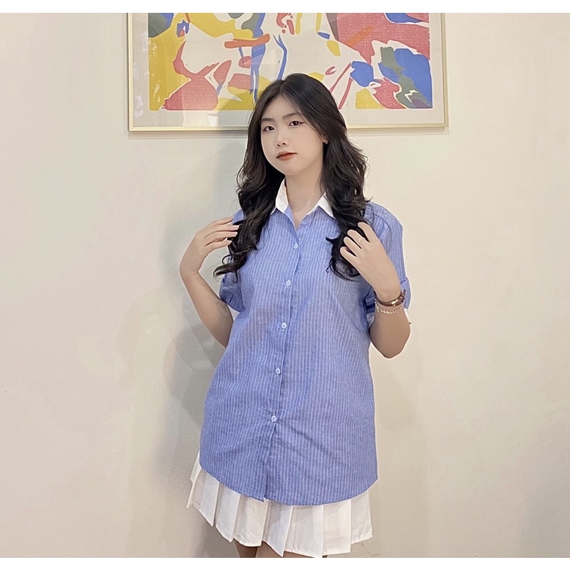 Áo Sơ Mi Kẻ Xanh Phối Cổ Trắng - Halinh Shop - Sơ Mi Kẻ Viền Trắng Tay Bo Hàn Quốc Size S M