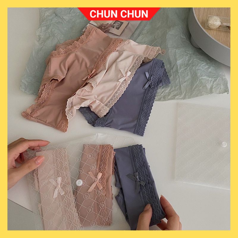 Set 3 Quần Lót Nữ Lụa Băng CHUNCHUN M4, Quần Chip Nữ Trong Túi Zip Cúc Bấm Ba Màu Như Ảnh