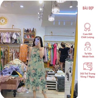 Váy bầu maxi 2 dây đi biển- đầm bầu voan hoa 2 lớp sang chảnh