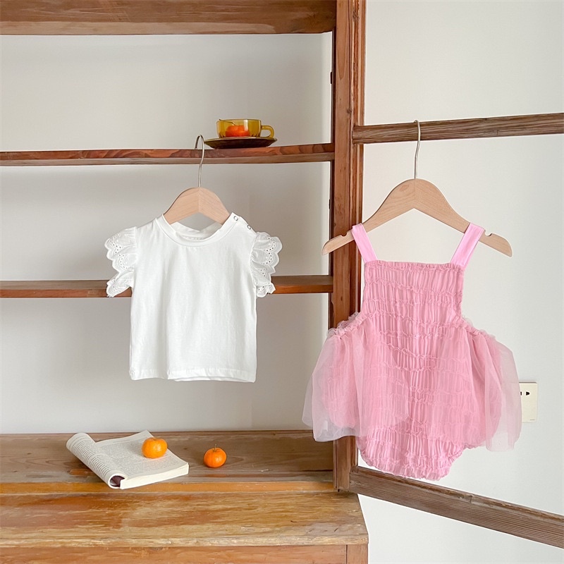 Set áo trắng tay ren kèm váy body hồng cho bé diện đầy tháng, đi chơi, đi tiệc, thôi nôi