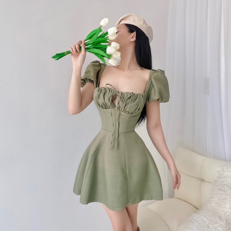 HÌNH THẬT - Brigitte Dress - Đầm Thiết Kế Orange Studios Tay Phồng Cột Dây Ngực