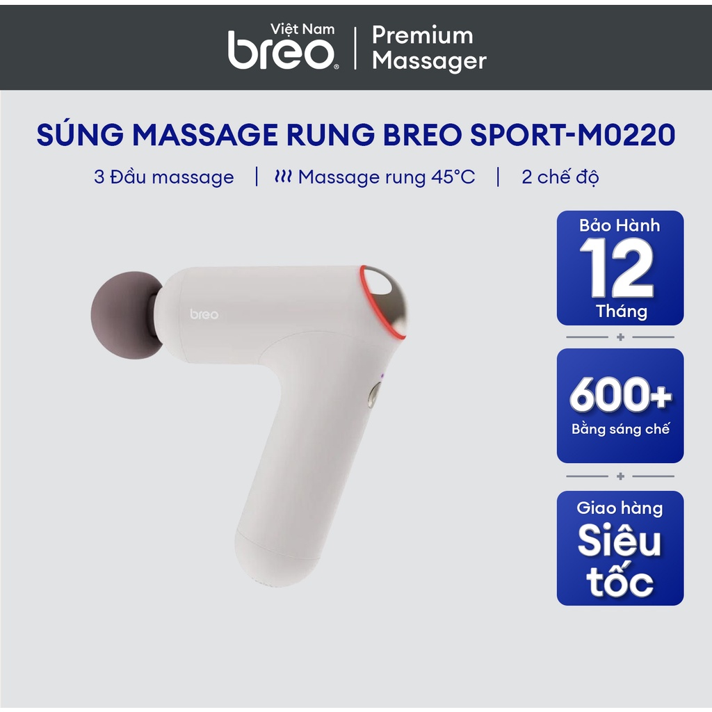 Súng Massage rung BREO Sport-M0220 | 3 đầu massage chuyên nghiệp | Massage rung với nhiệt độ 45℃ | Bảo Hành 12 Tháng