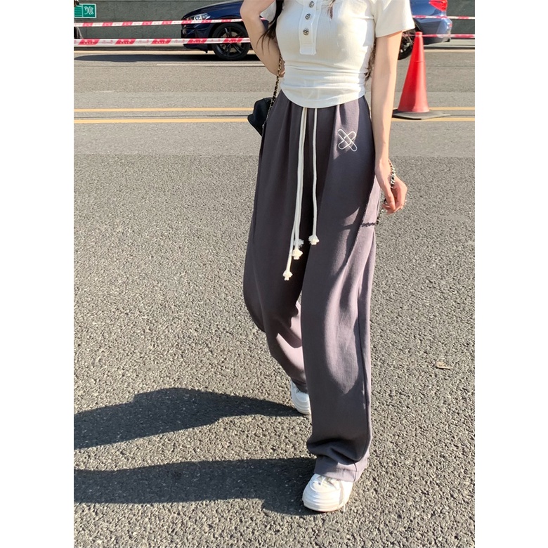 Áo Thun Ngắn Tay + Quần Dài Lưng Cao Thêu Chữ Thời Trang Nữ