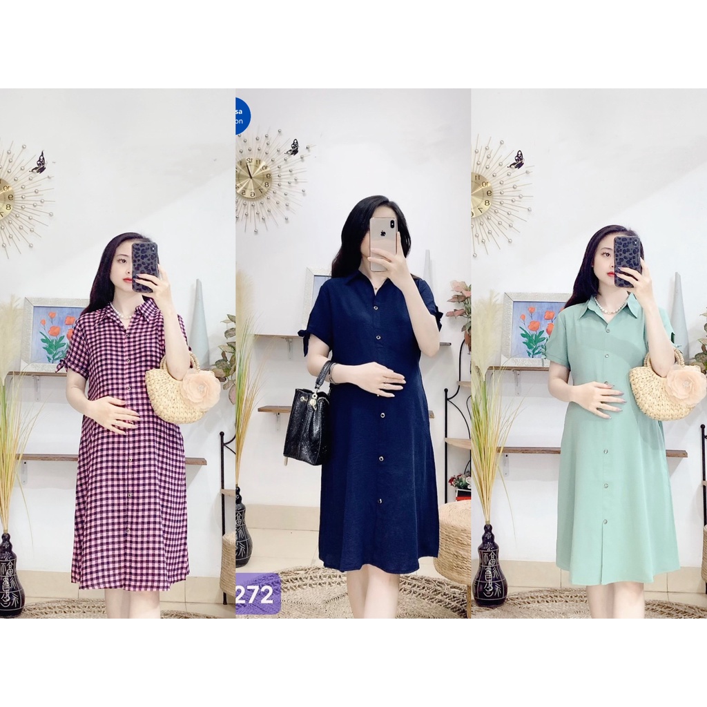 Đầm Bầu,váy Bầu Sơ Mi Cổ Đức Larosa Hàng Thiết Kế Chất Liệu Đũi Hàn Mềm mát Thấm Mồ Hôi Không Nhăn Không Nhàu