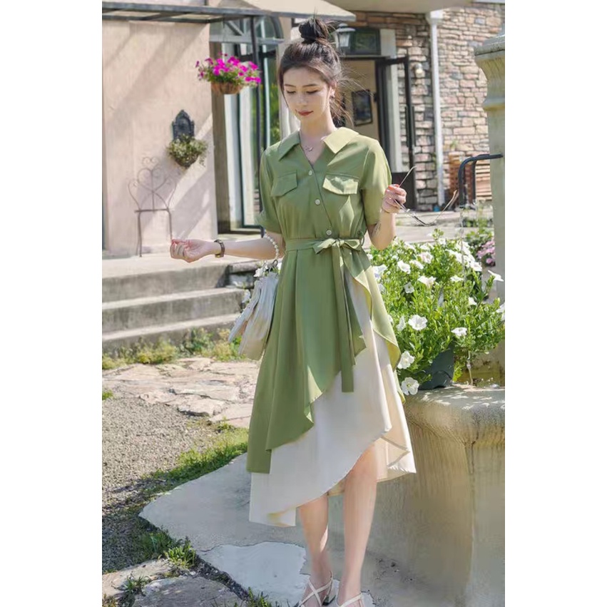 Váy sơ mi dáng dài đầm sơ mi thắt eo 2 lớp chất lụa ngọc trai màu xanh bơ phong cách hàn quốc trẻ trung lịch sự