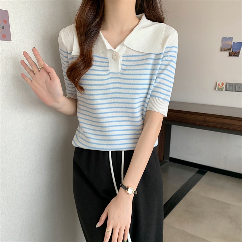 Áo Thun Dệt Kim Tay Ngắn Dáng Ôm Họa Tiết Kẻ Sọc Thời Trang Hàn Quốc Cho Nữ