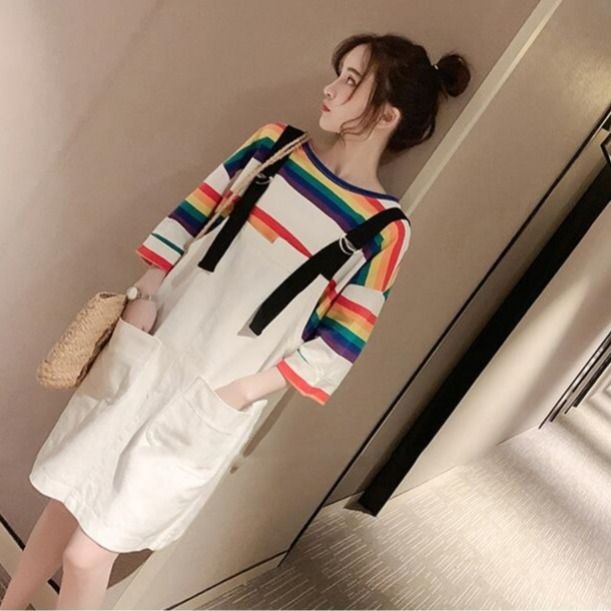 Bộ Áo Thun + Đầm Yếm Dáng Rộng Phong Cách Hàn Quốc Thời Trang Mùa Hè Xinh Xắn Cho Mẹ Bầu