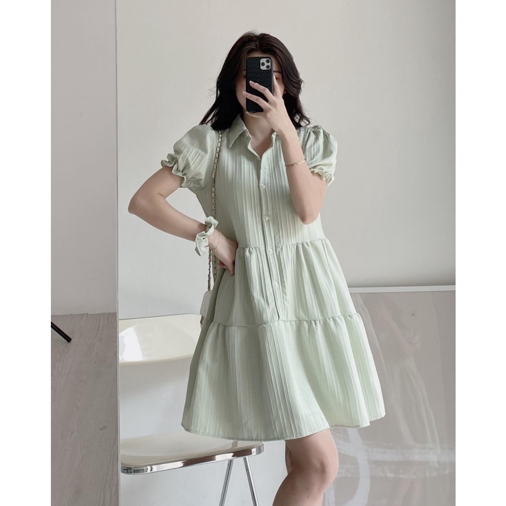 Váy mini ulzzang dáng ngắn EMIX, cộc tay phối cúc cổ sơ mi, chất đũi gân kèm dây buộc tóc 300