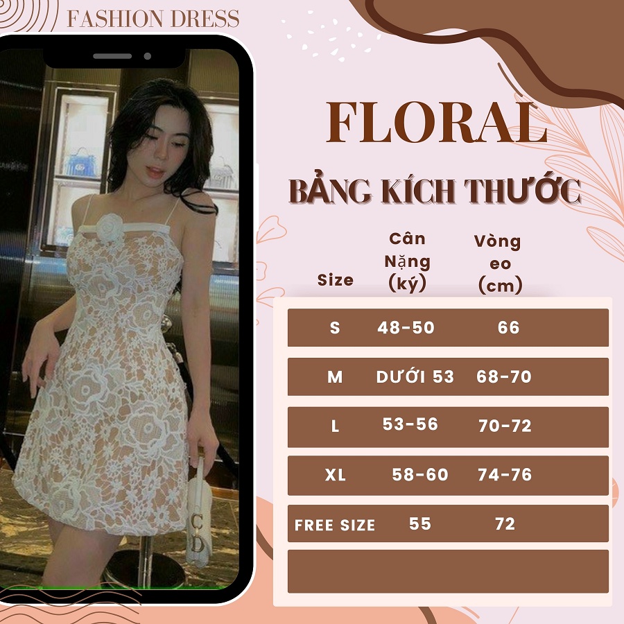 Đầm váy ren nữ dự tiệc 2 dây thiết kế FLORAL DESIGN kèm tag hoa ngực sang chảnh ôm eo 2 màu trắng kem nâu size S M