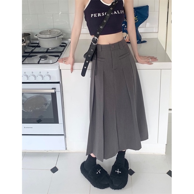 Chân Váy Dài Xếp Ly Tông Xám Ghi  Xẻ Tà Trước Siêu Đẹp