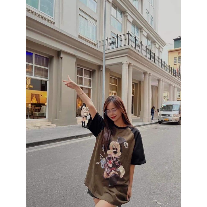 Áo phông thun form rộng unisex 3158 mặc đôi chất cotton hình mickey phối tay