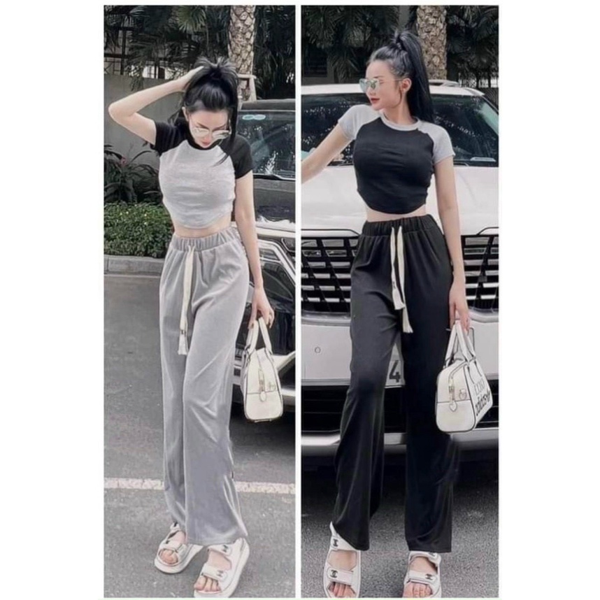 💤🈯Set quần dài thể thao 2 màu, Set thể thao áo croptp + quần dài