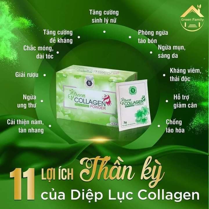 Diệp Lục Collagen Green Family Development Chính Hãng Giúp Đẹp Da, Giảm Táo Bón, Giảm Mụn Nám, Khô Hạn - Hộp 30 gói