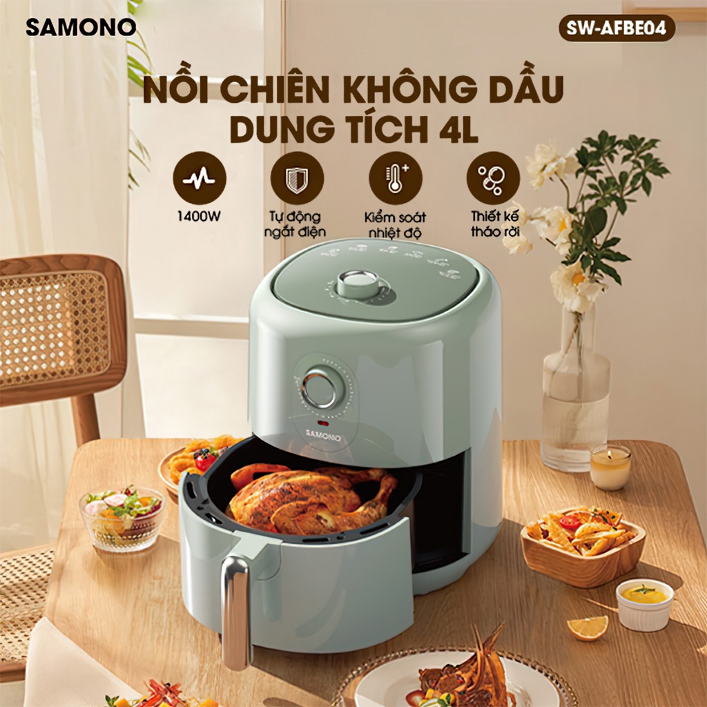 (BH 1 Năm)Samono Nồi chiên không dầu 4L 1400W, tự động ngắt điện an toàn tiện lợi SW-AFBE04