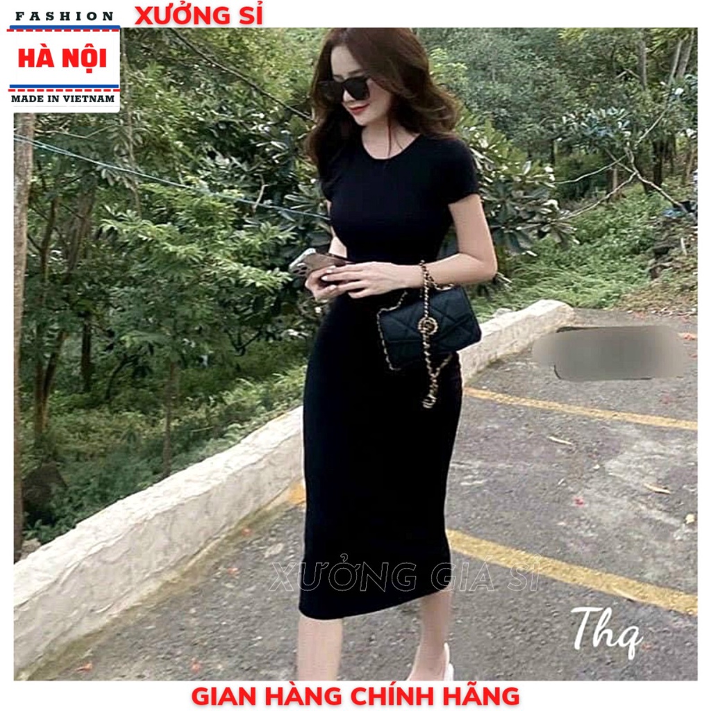 Đầm Body Cộc Tay Cổ Tròn Xẻ Tà Dáng Dài Co Giãn 4 Chiều Siêu Đẹp