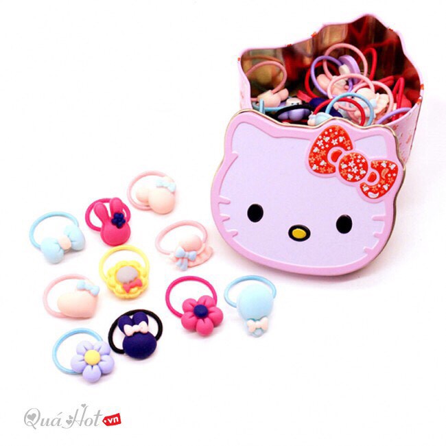 Hộp 40 dây buộc tóc kitty cho bé nhiều hình đủ màu siêu xinh