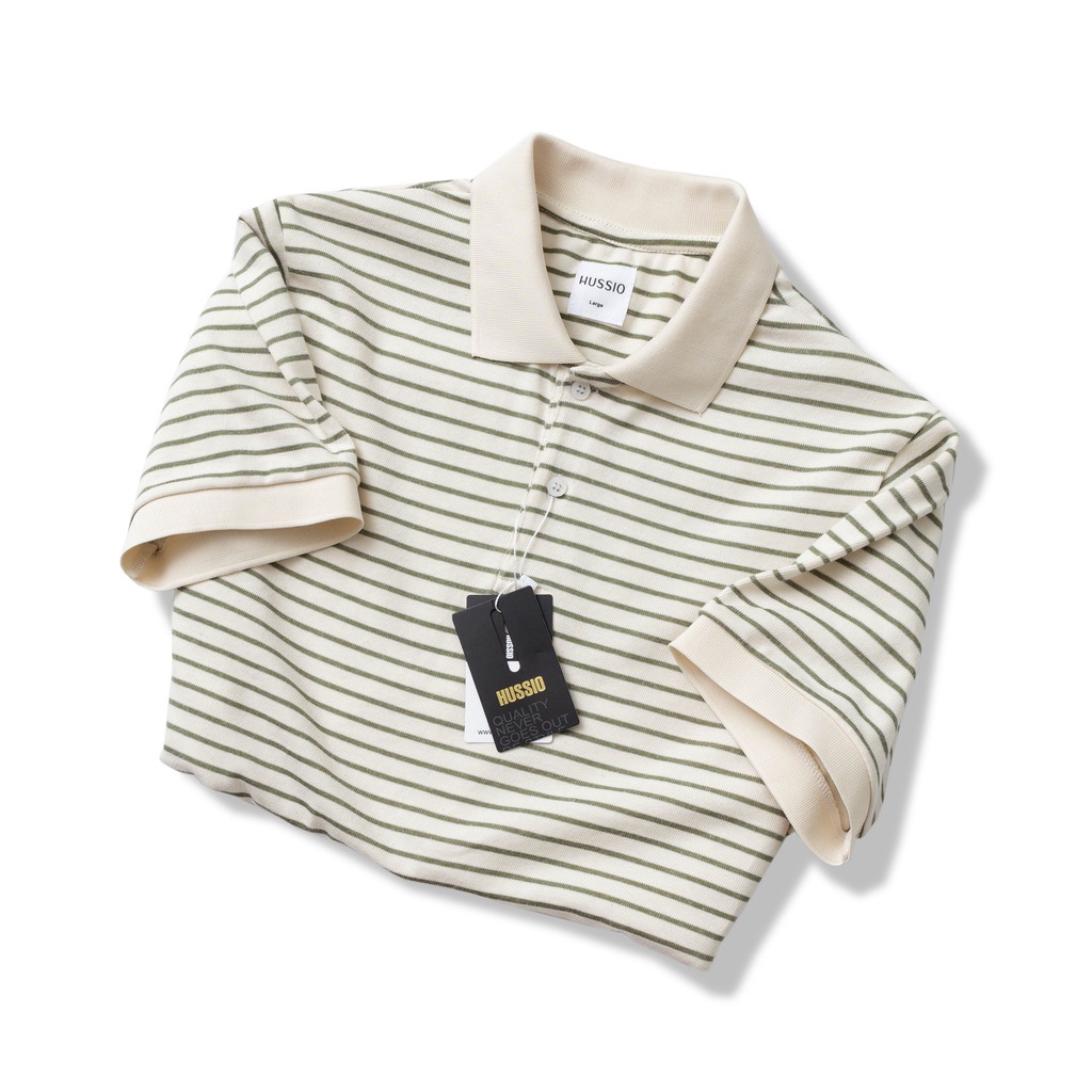 Áo Polo nam CREAM STRIPED vải Cotton Single sọc trẻ trung, thanh lịch, năng động - HUSSIO