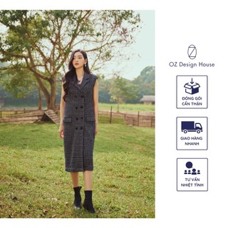 Đầm nữ OZ Design House DA22018SPR22 len cổ hai ve hai hàng khuy màu đen trắng