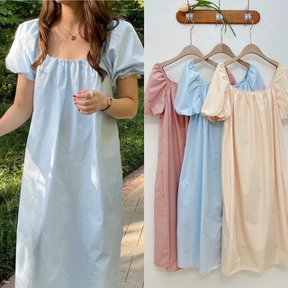 Đầm xanh dương cổ U tay bồng dáng dài suông chất kate size SM Pumi