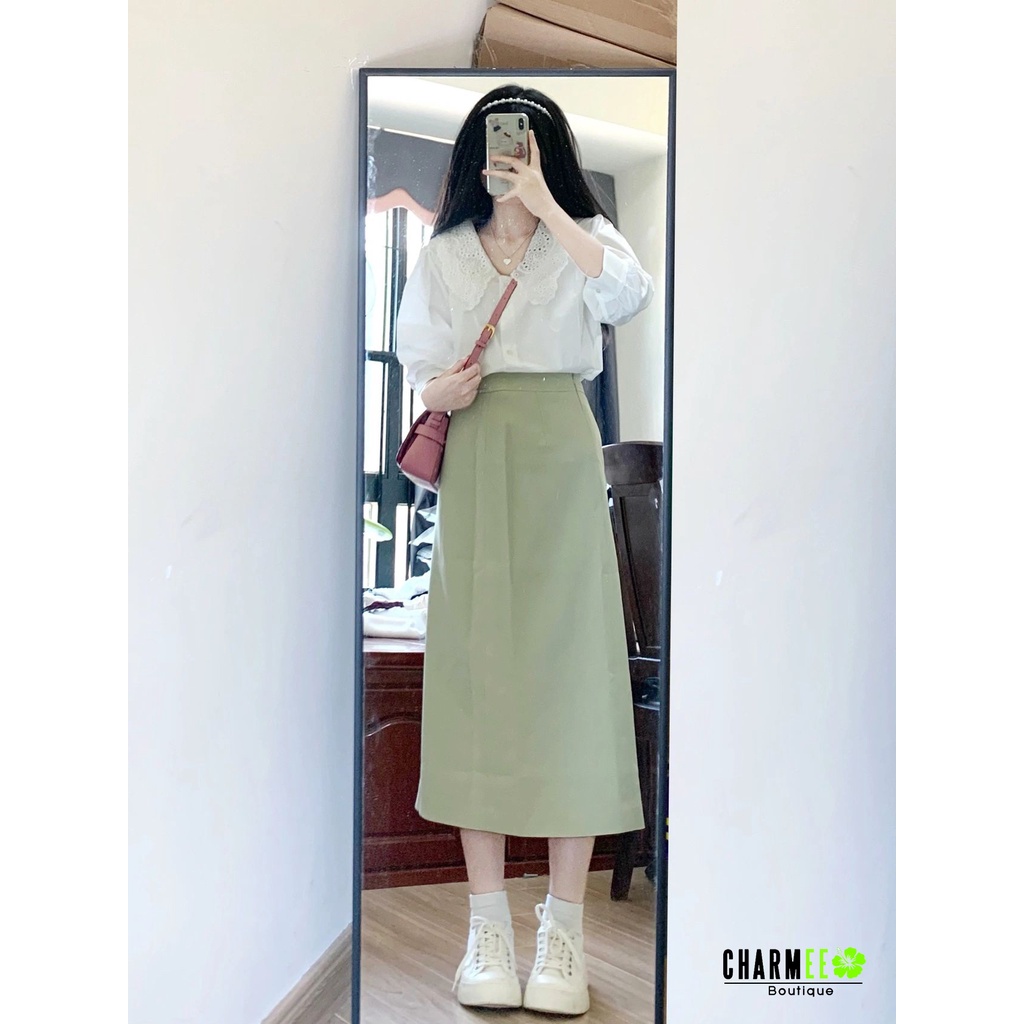 Set Áo Voan Cổ Ren Trắng + Chần váy Dài Kaki Xanh