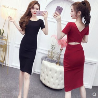 Đầm body nữ tay ngắn tôn dáng xẻ tà gợi cảm phong cách hàng quốc, Váy nữ khoét lưng trẻ trung và cuốn hút STYLEY V001