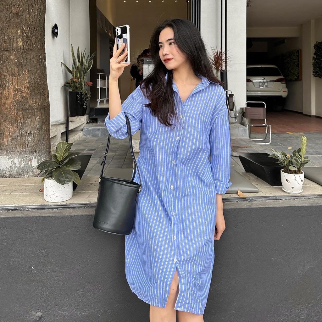 Váy sơ mi Hàn Quốc dáng rộng kẻ sọc buộc dây đai style năng động cá tính