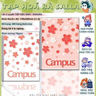 Lốc 5 quyển Tập học sinh A5 Sakura , Vở Campus 200 Trang 4 Ly Ngang (2mm), Giấy 70gsm