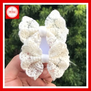 Kẹp tóc cho bé gái nơ ren màu kem 013