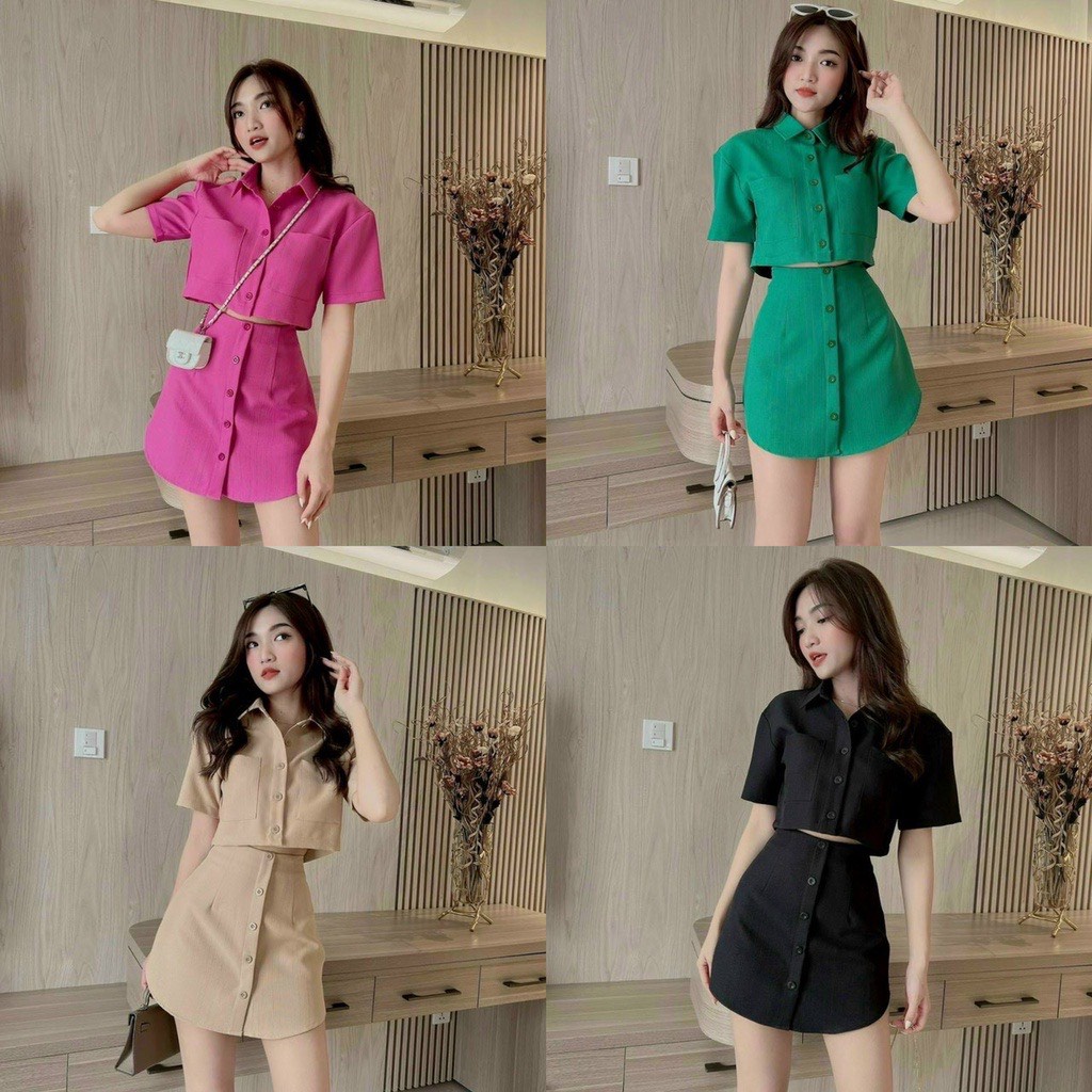 Set đầm váy nữ áo croptop cổ sơ mi đính nút kèm chân váy chữ A lai bầu với nhiều tone màu sang chảnh,cá tính.